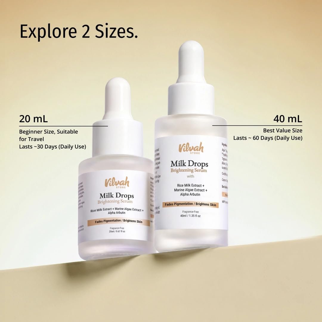 Vilvah Milk Drops Brightening Serum | Fades Dark Spots, Treats Hyperpigmentation & Evens Skin Tone | Hyaluronic Acid & Alpha Arbutin Serum for Women & Men | Suitable for All Skin Types | 20m thumbnail
