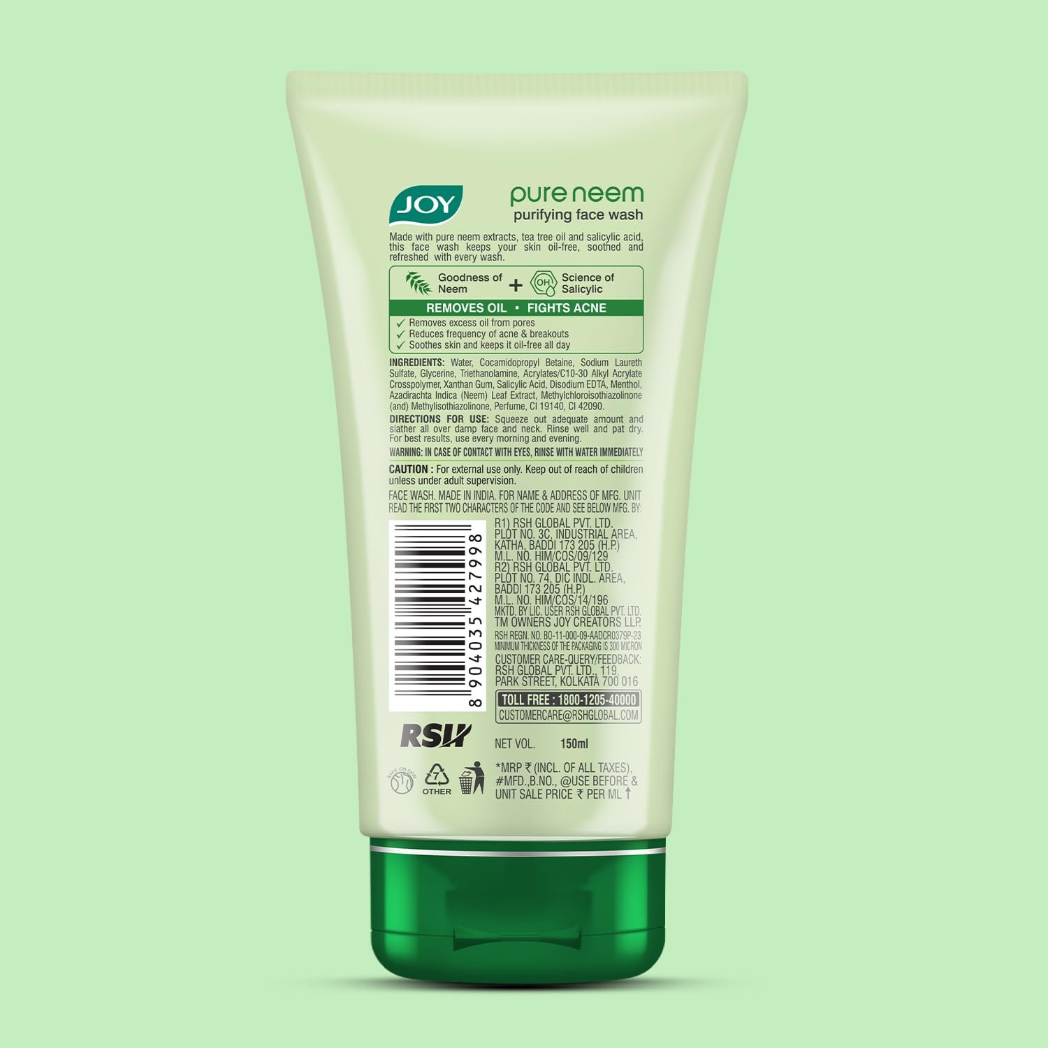 Joy Skin Purifying Neem Face Wash for Oily & Acne-Prone Skin | Fights Pimples, Controls Excess Oil & Unclogs Pores | Natural Antibacterial Formula | Men & Women 150ml thumbnail
