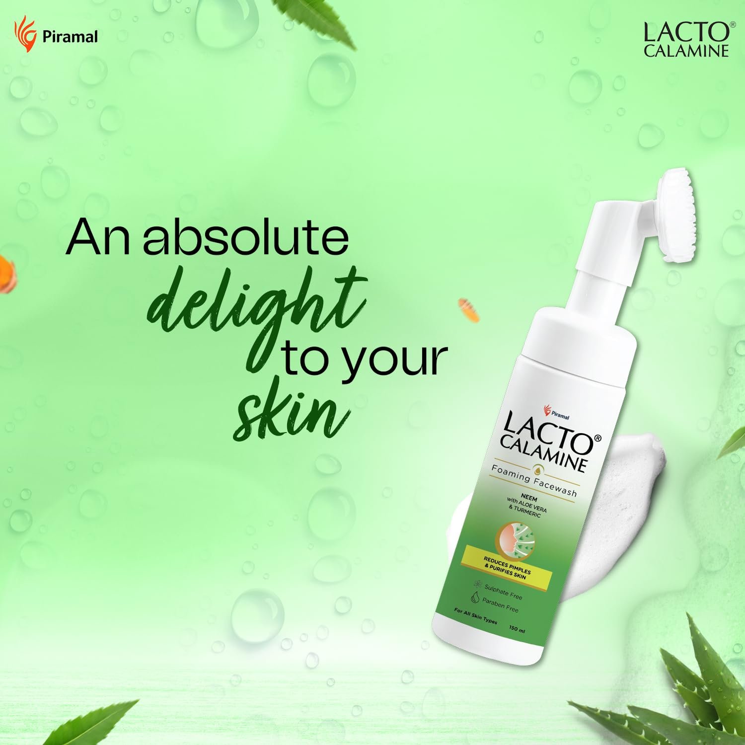 Lacto Calamine Neem Aloe Turmeric Foaming Face wash| Reduces pimples| Purifies skin| With Built-in foaming Brush| 150 ml thumbnail