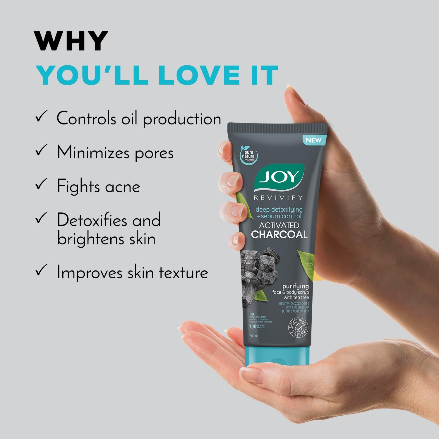 Joy Exfoliating Charcoal Face Scrub for Men & Women (200gm) | Oil Control Scrub For Face with Tea Tree | Detoxifies & Purifies All Skin Types | 100% Vegan; Gentle on Skin thumbnail
