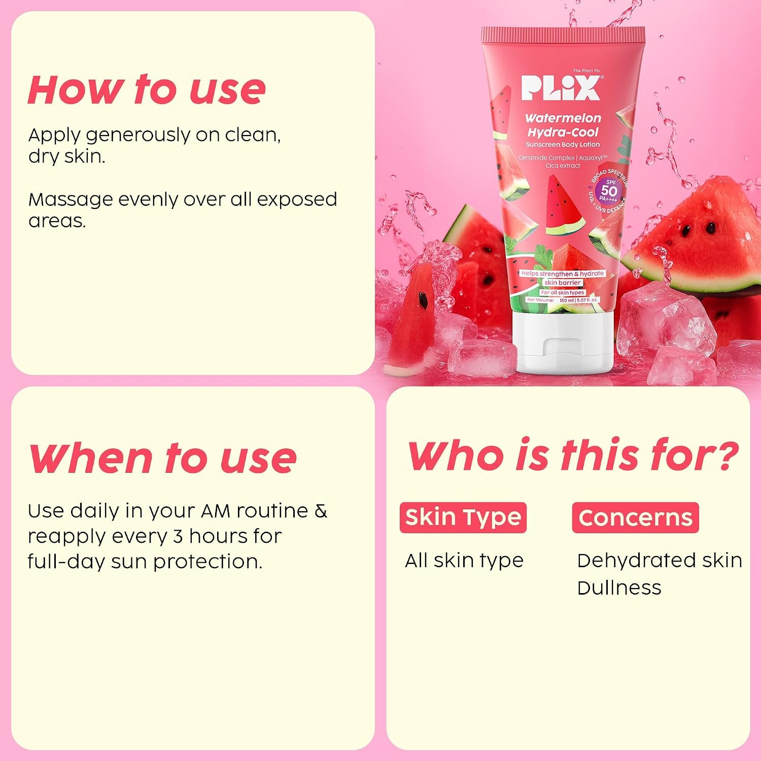 PLIX - THE PLANT FIX Watermelon Hydra-Cool Sunscreen Body Lotion With SPF 50 | PA++++ | Ceramides, Cica, Aquaxyl & Frescolat® ML | Lightweight 2-in-1 Body Lotion + Sunscreen (Pack of 1, 150m thumbnail