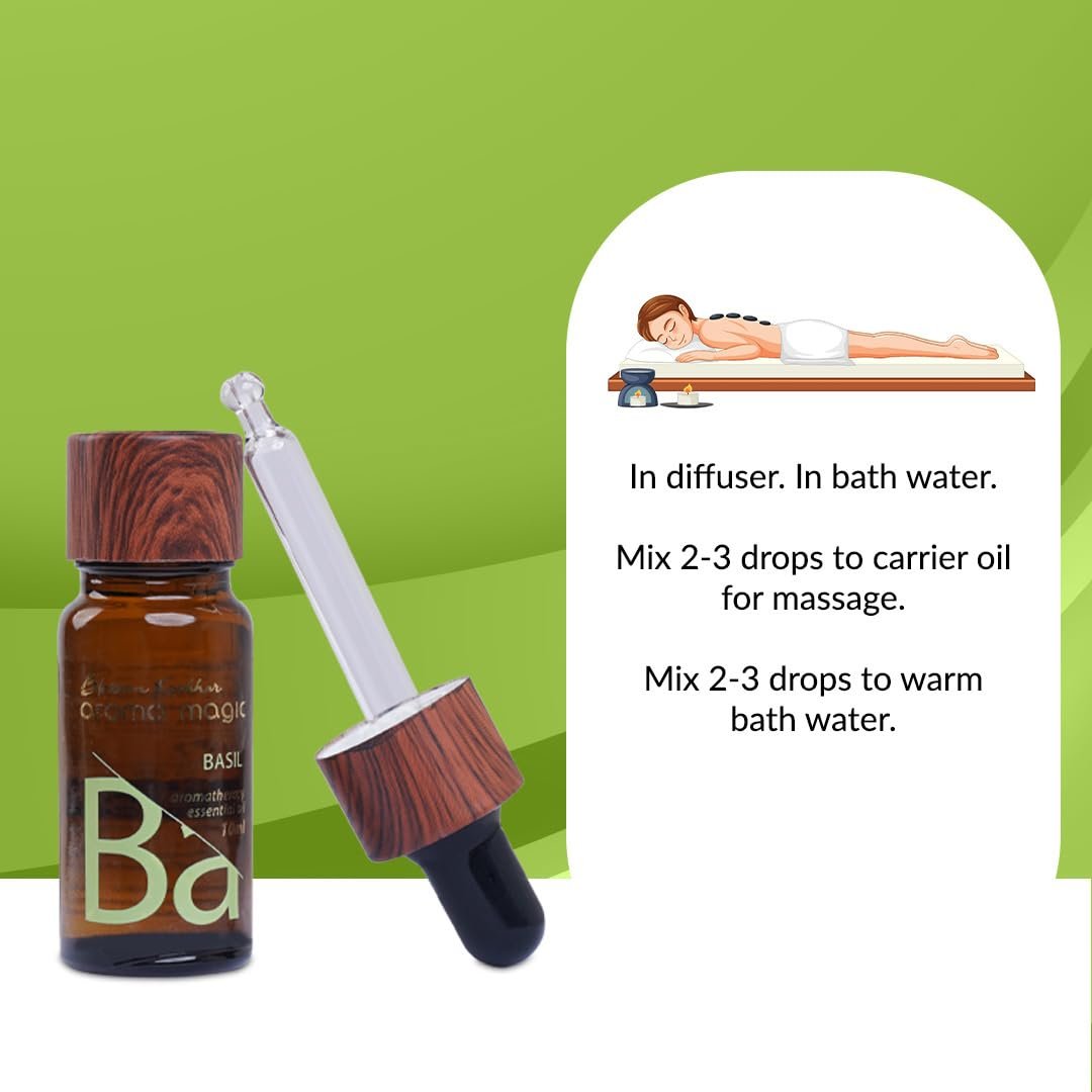 Aroma Magic Basil Essential Oil – 100% Pure Ocimum Basileus | Relieves, Calms Nerves | Natural Remedy for Acne, Cold, & Stress – 10ml thumbnail