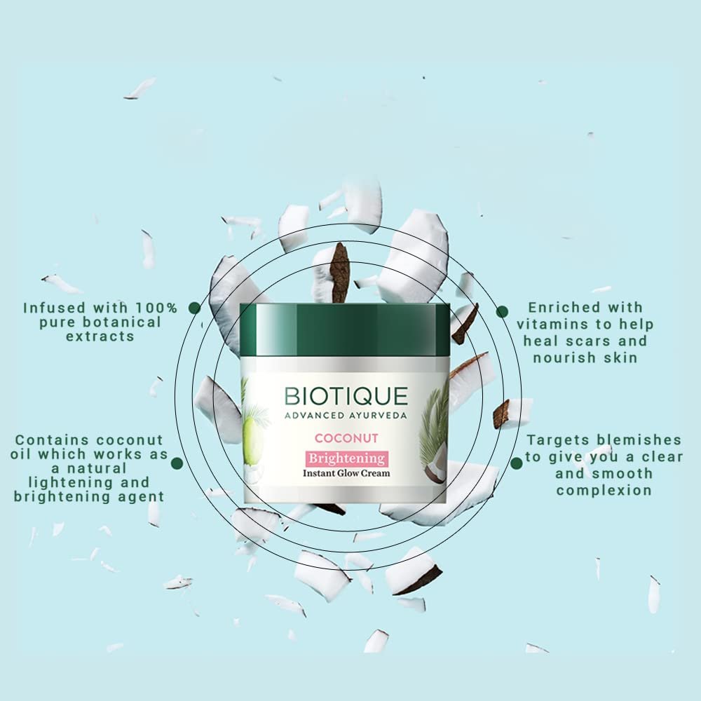 Biotique Coconut Brightening Instant Glow Cream| Lightweight and Non-Greasy | Reduces Dark Spots and Protects Ageing | Nourished and Moisturized Skin |100% Botanical Extracts| All Skin Types thumbnail