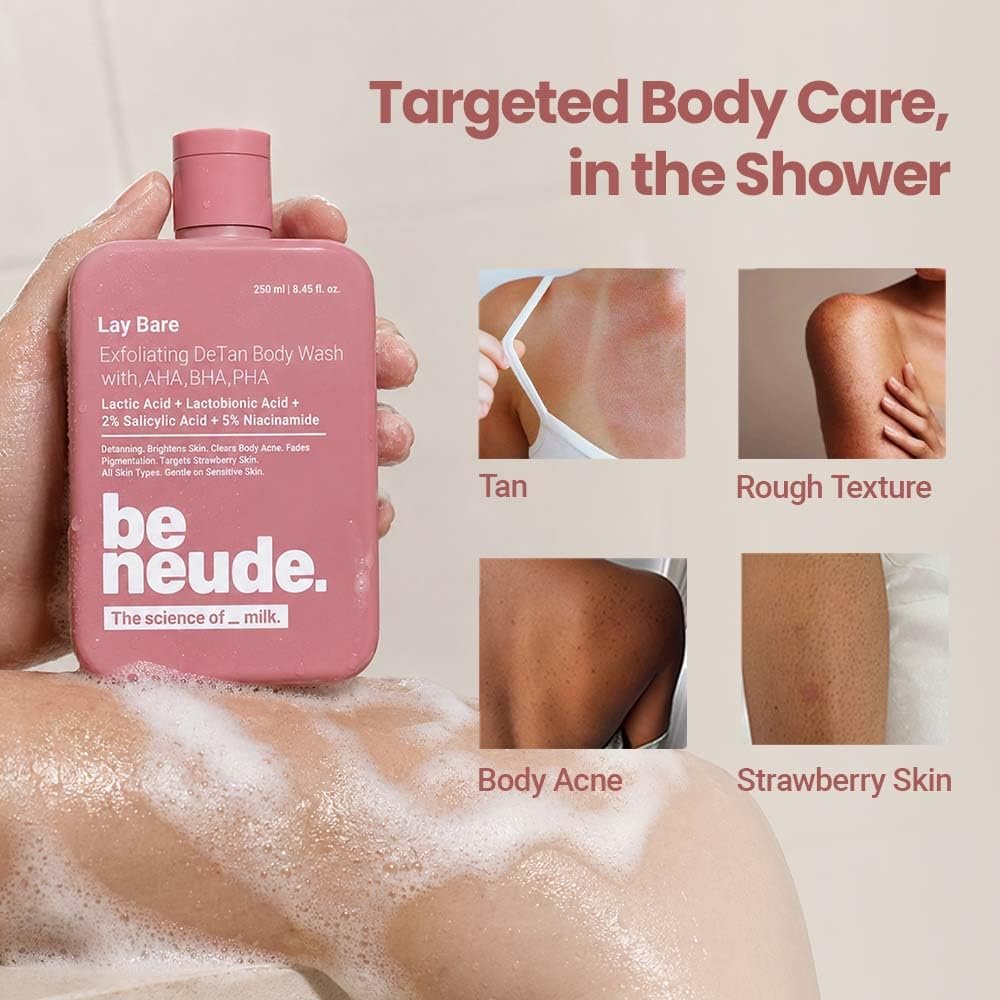 Be Neude Lay Bare Exfoliating DeTan Body Wash with AHA BHA PHA, 2% Salicylic Acid, 5% Niacinamide, Deep Cleansing and Brightening Body Wash for Glowing Skin, 250ml thumbnail