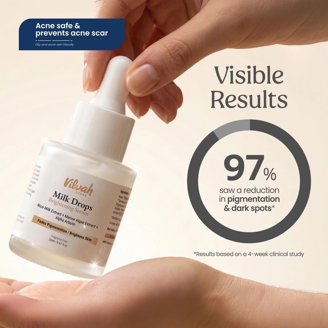 Vilvah Milk Drops Brightening Serum | Fades Dark Spots, Treats Hyperpigmentation & Evens Skin Tone | Hyaluronic Acid & Alpha Arbutin Serum for Women & Men | Suitable for All Skin Types | 20m thumbnail