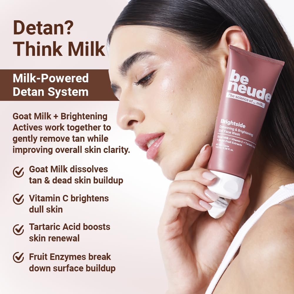 Be Neude Brightside 100ml Detan & Brightening Gel Face Wash with Goat Milk, Vitamin C & Tartaric Acid for Dark Spot Removal, Pigmentation & Glow, Face Wash for Men & Women thumbnail