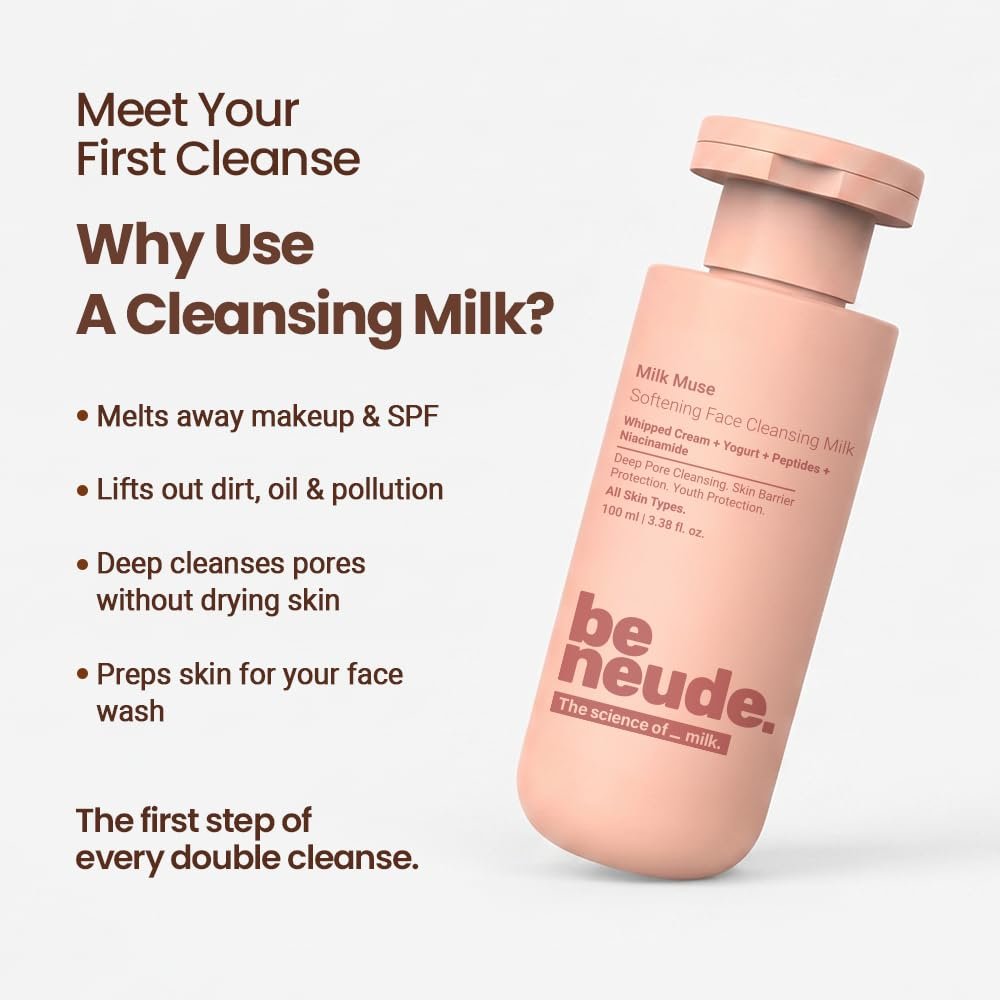Be Neude Milk Muse Face Cleanser 100 ml with Peptides and Whipped Cream Deep Pore Non Drying Face Wash for Acne Prone and Sensitive Skin Hydrating Cleansing Milk thumbnail