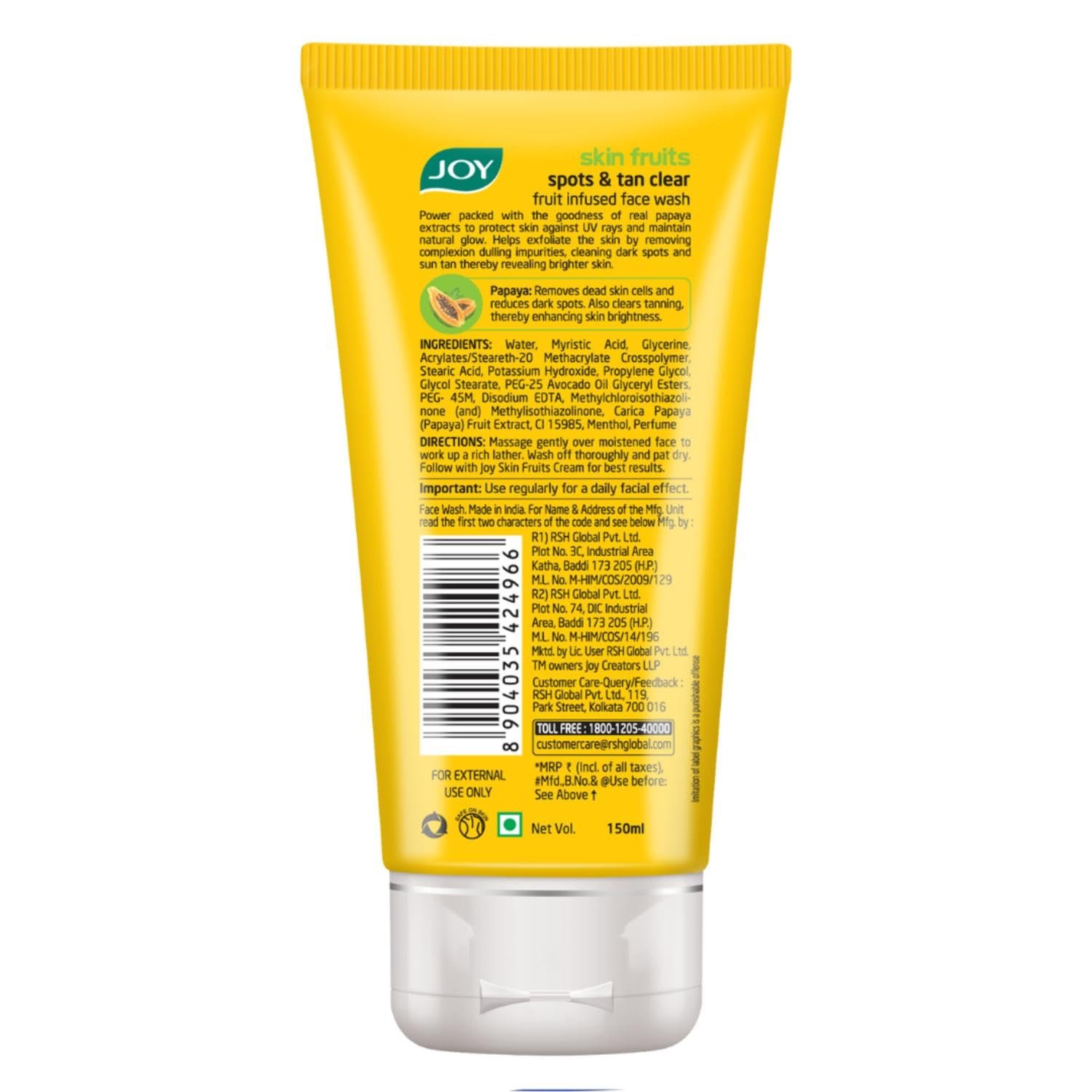 Joy Skin Fruits Spots & Tan Clear Face Wash 150ml | Enriched with Papaya & Vitamin C + A | For Healthy Glowing skin | Suitable for All Skin Types thumbnail