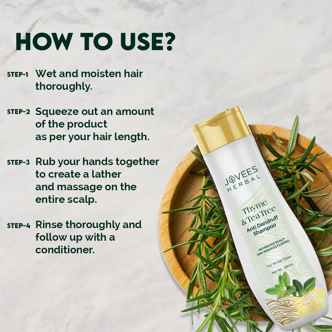 Jovees Herbal Thyme & Tea Tree Anti Dandruff Shampoo | With Tea Tree, Thyme & Lemon Extract | For All Hair Type | Prevents Dandruff & Dry Scalp | For Men & Women- 300ml thumbnail