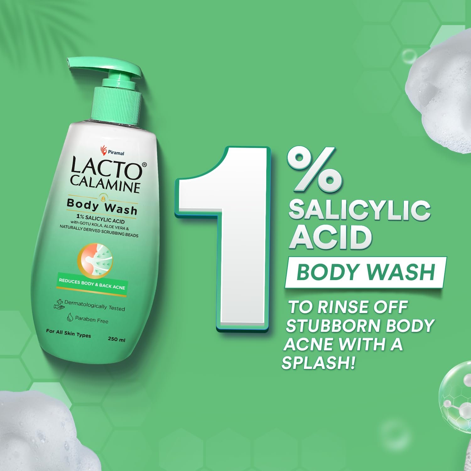 Lacto Calamine 1% Salicylic Acid Body Wash | 250ml | For Body Acne, Back Acne, Rough & Bumpy Skin |Cica, Aloe Vera, Turmeric & Natural Scrub Beads | Paraben Free | thumbnail