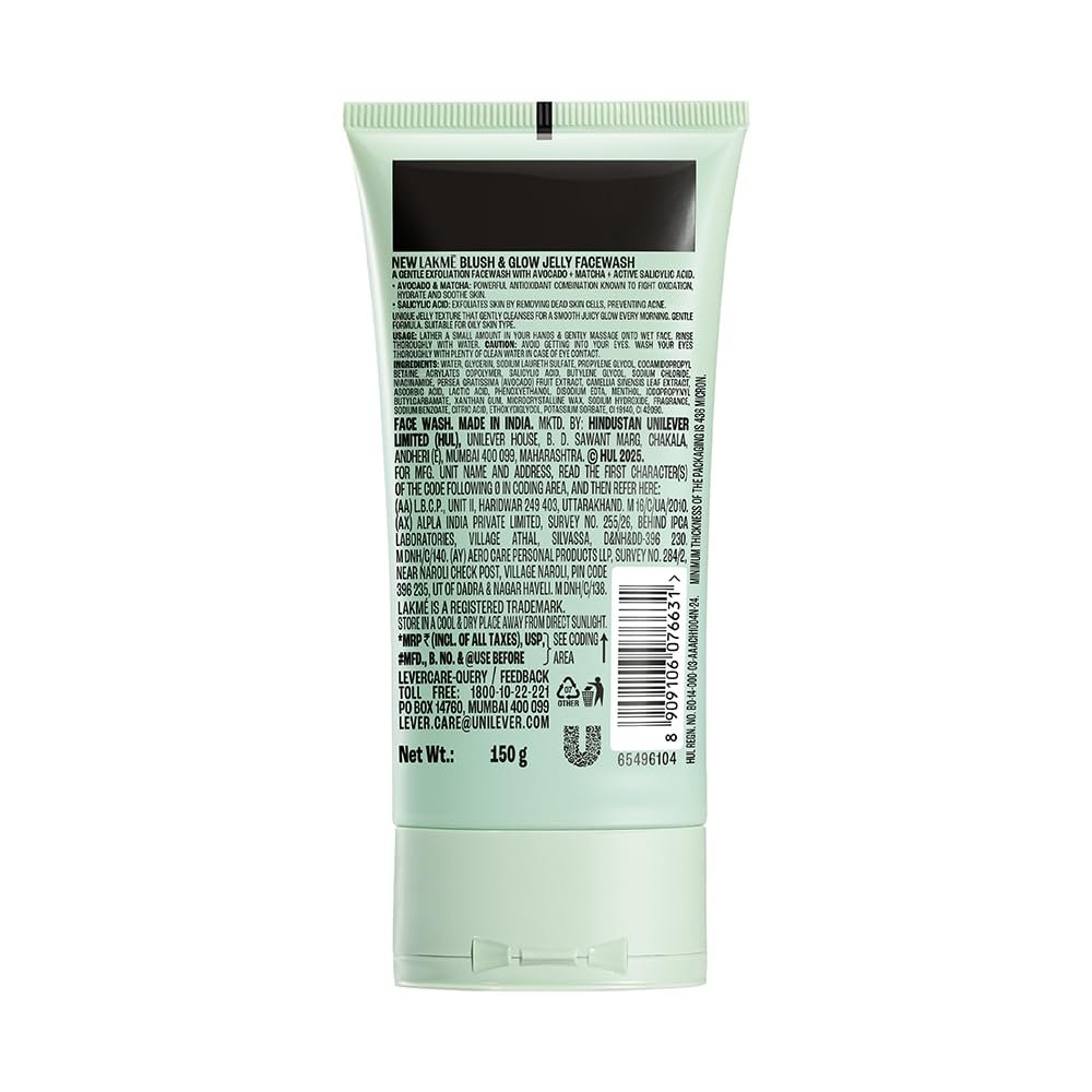 LAKME Blush & Glow, Gentle Jelly Face Wash, 150 g, for Fresh Visible Glow, with Avocado Matcha & Salicylic Acid, Unclogs Pores Effectively, Ideal for Oily & Combination Skin thumbnail