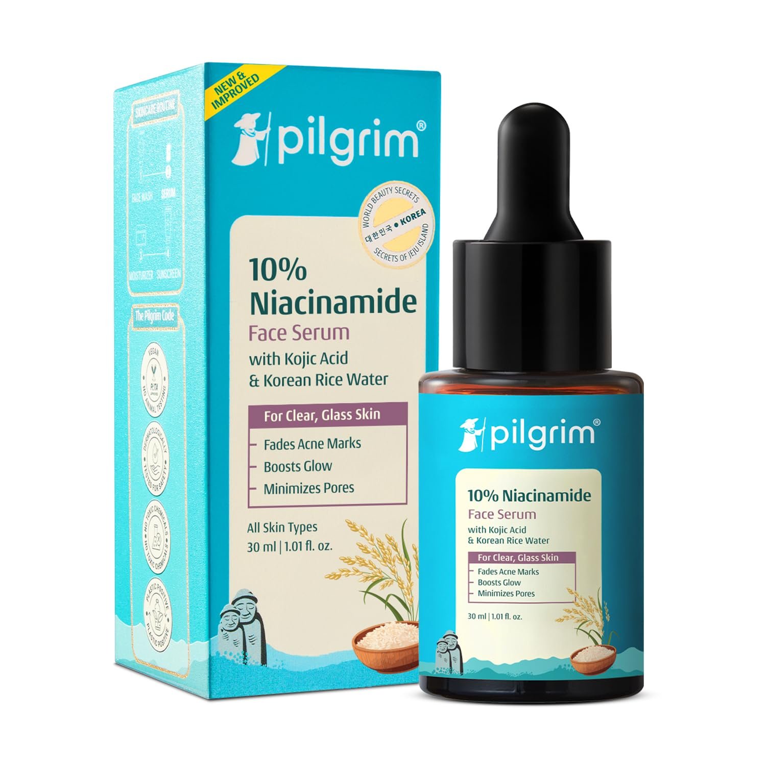 Pilgrim 10% Niacinamide Face Serum for Acne Marks & Glass Skin Glow - 30ml with Kojic Acid & Korean Rice Water, Fades Dark Spots, Boosts Glow, Minimizes Pores, Controls Excess Oil, Sensitive