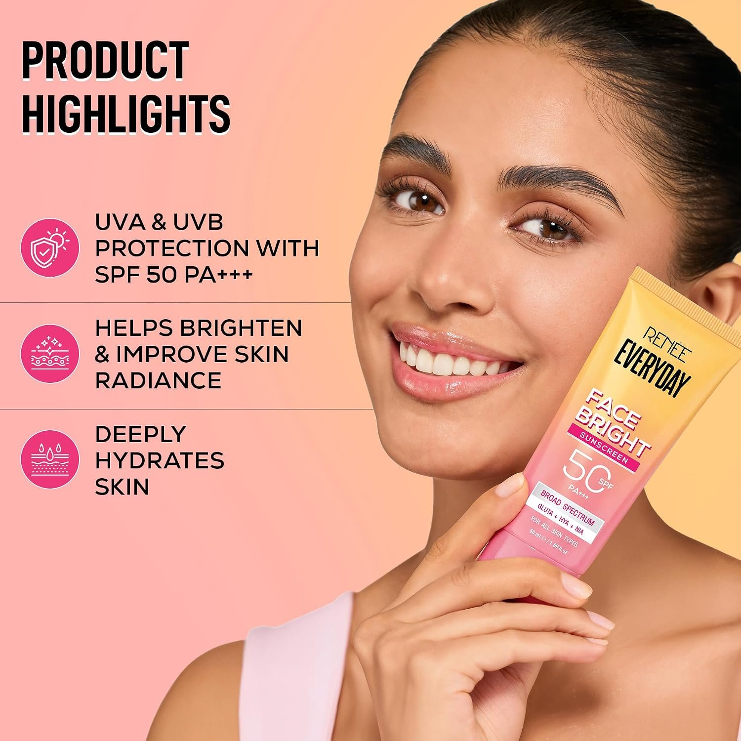 RENEE Everyday Face Bright Brightening Sunscreen SPF 50 PA+++ | In-Vivo Tested | With Niacinamide, Hyaluronic Acid & Glutathione | Broad Spectrum UVA & UVB Protection | 50ml thumbnail