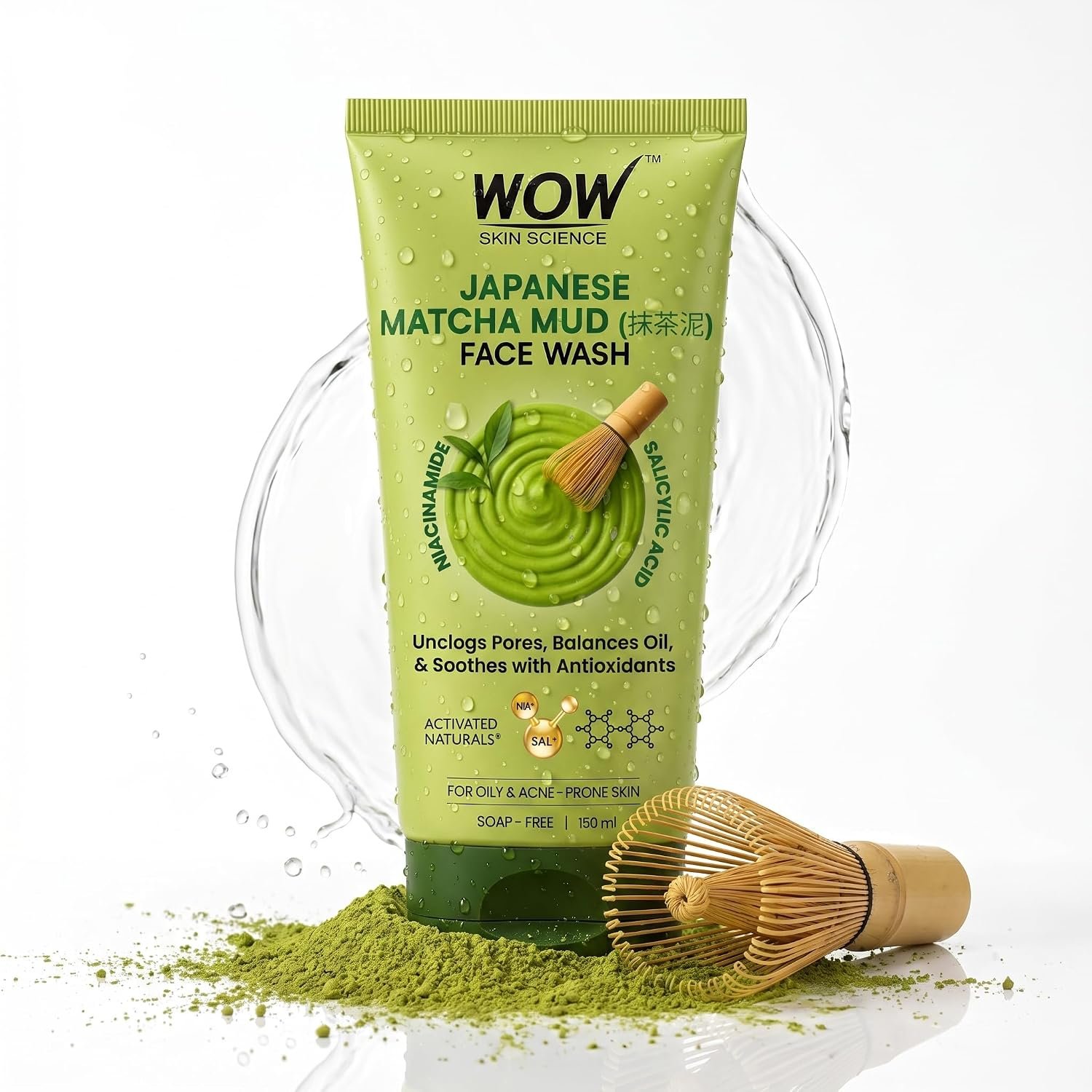 WOW Skin Science Japanese Matcha Mud Face Wash 150 ML for Men & Women | Facewash with Niacinamide & Salicylic Acid | Ceremonial Grade Matcha Detox Cleanser for Oily & Acne-Prone Skin
