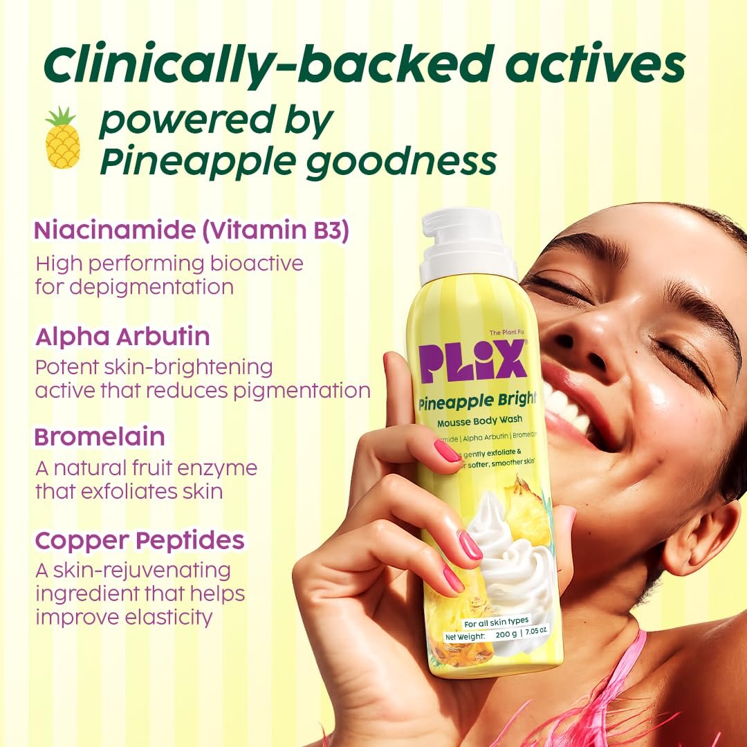 PLIX THE PLANT FIX Pineapple Bright Mousse Body Wash | Foamy mousse wash for Even-Toned Skin | Gentle Exfoliation | Niacinamide (Vitamin B3) | Alpha Arbutin | For Men & Women thumbnail