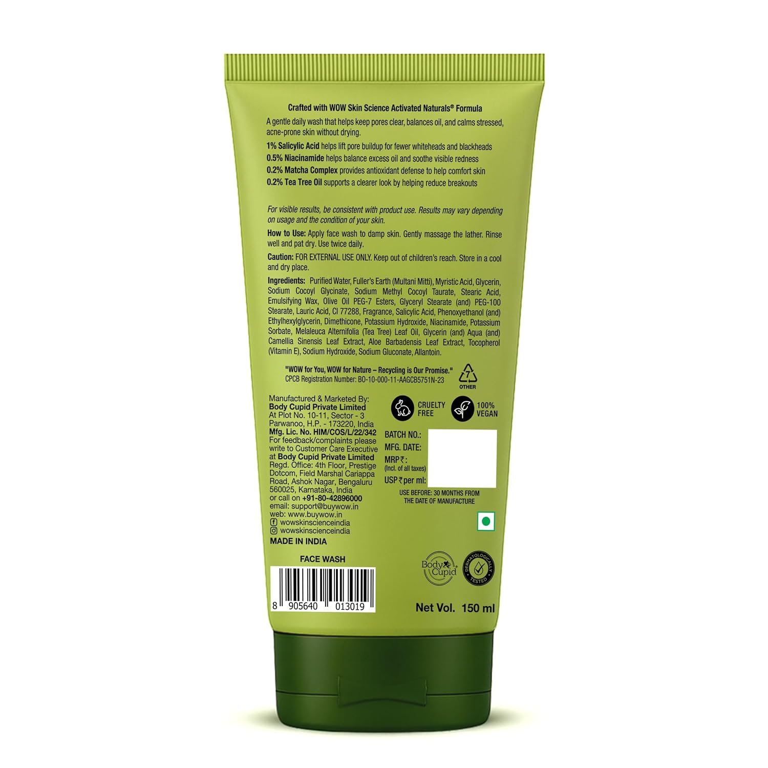 WOW Skin Science Japanese Matcha Mud Face Wash 150 ML for Men & Women | Facewash with Niacinamide & Salicylic Acid | Ceremonial Grade Matcha Detox Cleanser for Oily & Acne-Prone Skin thumbnail
