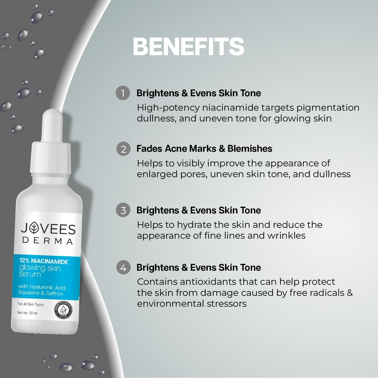 Jovees Herbal 12% Niacinamide Glowing Skin Serum With Hyaluronic Acid, Squalane & Saffron| Reduces Dullness, Hydrates & Repairs Skin| For Day and Night Use| For All Skin Type 30 ml thumbnail