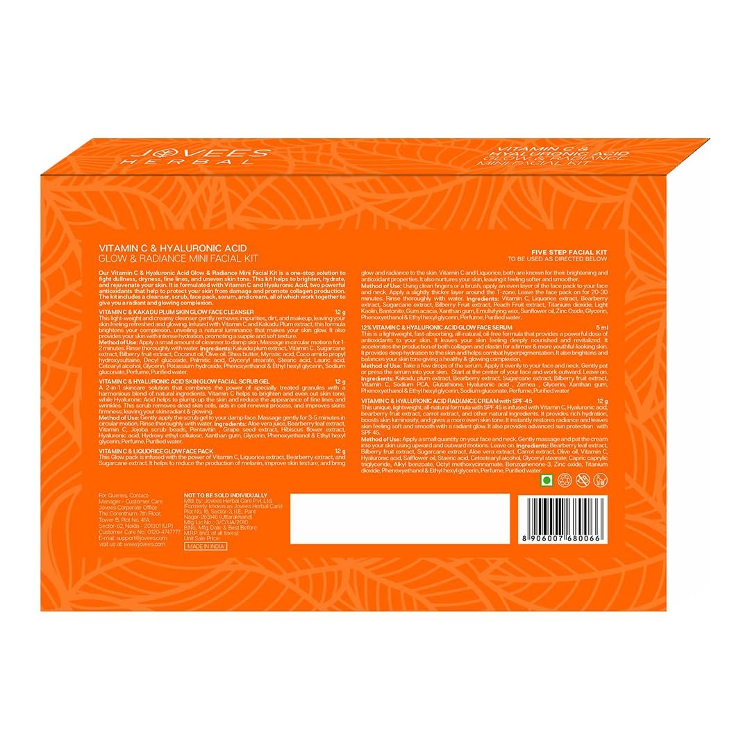 JOVEES SPF 45 All Herbal Vitamin C & Hyaluronic Acid Glow & Radiance Mini Facial Kit For Brighter & Glowing Skin | Kit For Improves Uneven Skin Tone, Fines Lines & Dullness 53g (Multiple use thumbnail