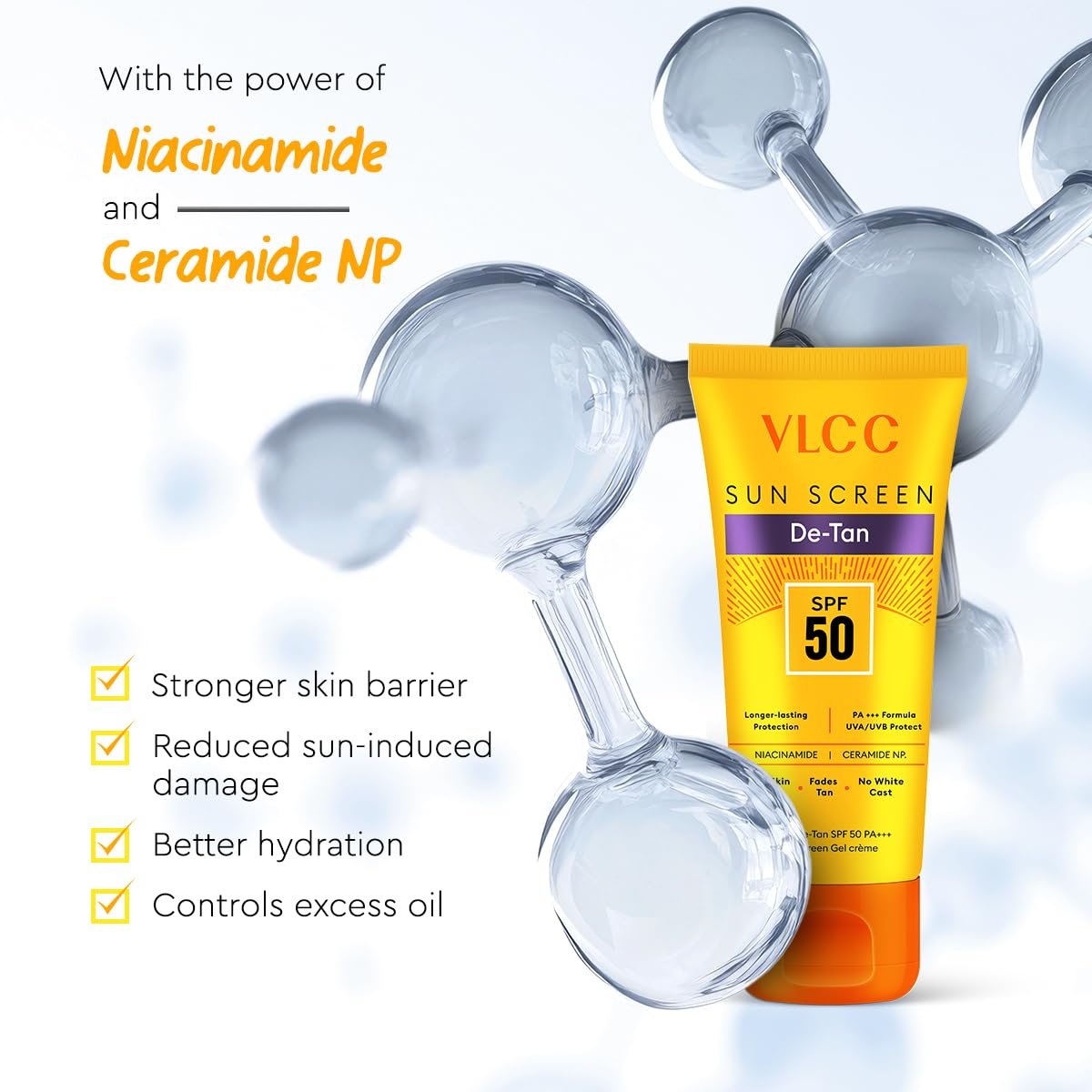 VLCC De-Tan SPF 50 PA+++ Sunscreen Gel Crème- 50g - Detans, Enhances Glow, Protects from UVA, UVB Rays, Help Reduce Dark Patches. thumbnail