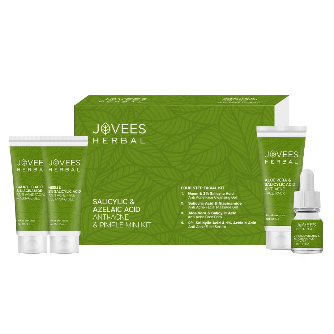 Jovees Herbal Salicylic & Azelaic Acid Anti-Acne & Pimple Mini Facial Kit | For Oily & Acne Prone Skin | Improves Skin Health & Tone with 4 Easy Steps | Mini