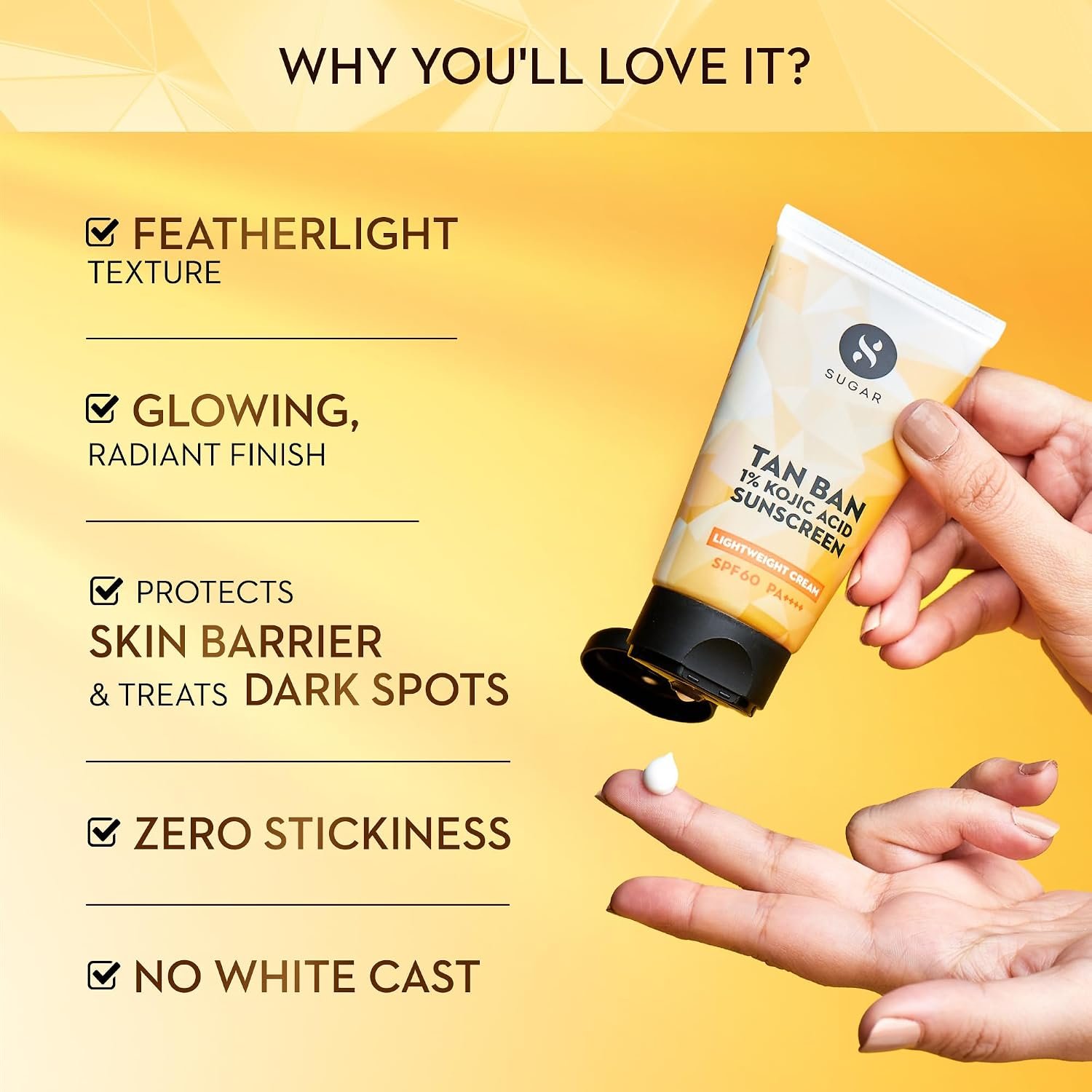 SUGAR Cosmetics Tan Ban 1% Kojic Acid Sunscreen SPF60 ++++ | 1% Peptide Complex | Barrier Repair | No White Cast | 50ml thumbnail