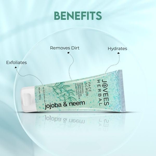 Jovees Herbal Jojoba & Neem Face Scrub | With Neem & Wheatgerm Extract | For Oily to Sensitive Skin | Gently Removes Dead Skin | Reduces Signs Of Premature Ageing 100 G thumbnail