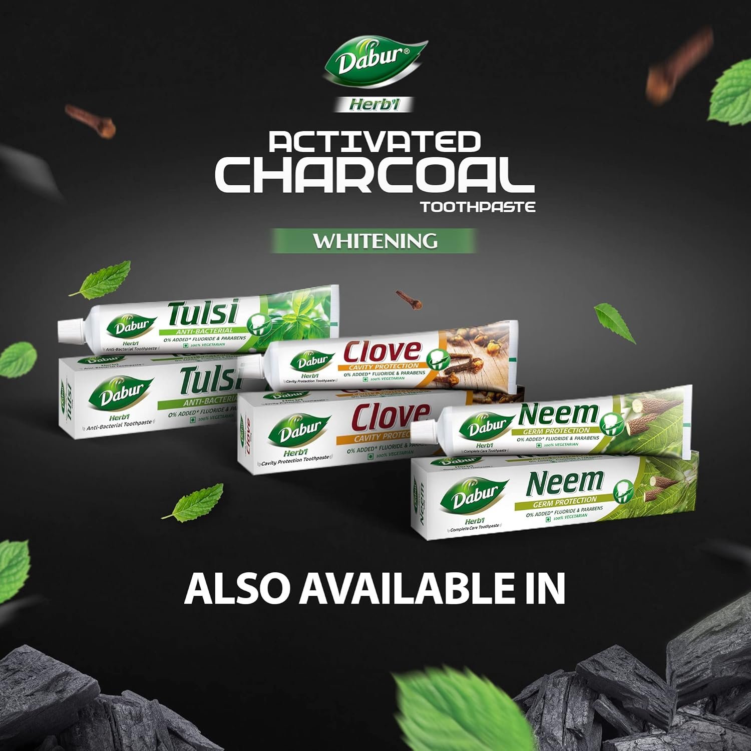 DABUR Herb'L Activated Charcoal Toothpaste 120gm (Pack of 1)|Whitening Black Gel Toothpaste|Fluoride Free|Fights Plaque & Extrinsic Stains|With Power of Mint|Cool & Refreshing Mouth Experien thumbnail