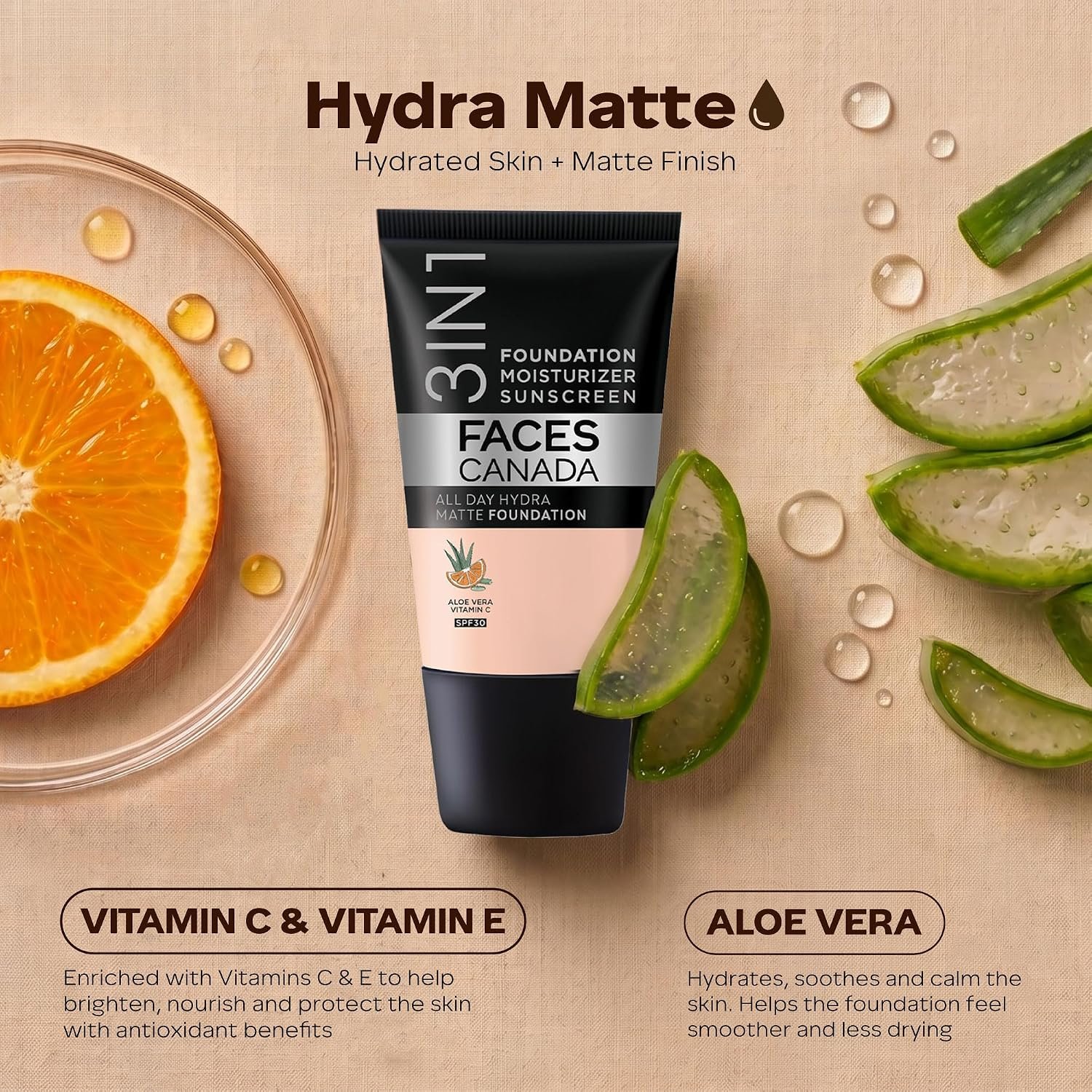 FACESCANADA Cream All Day Hydra Matte Foundation - Mini | 3in1 Foundation + Moisturizer + SPF 30 | 24 HR Aloe Hydration & Vitamin C | 10HR Wear | Medium to High Buildable Coverage | Rose Ivo thumbnail