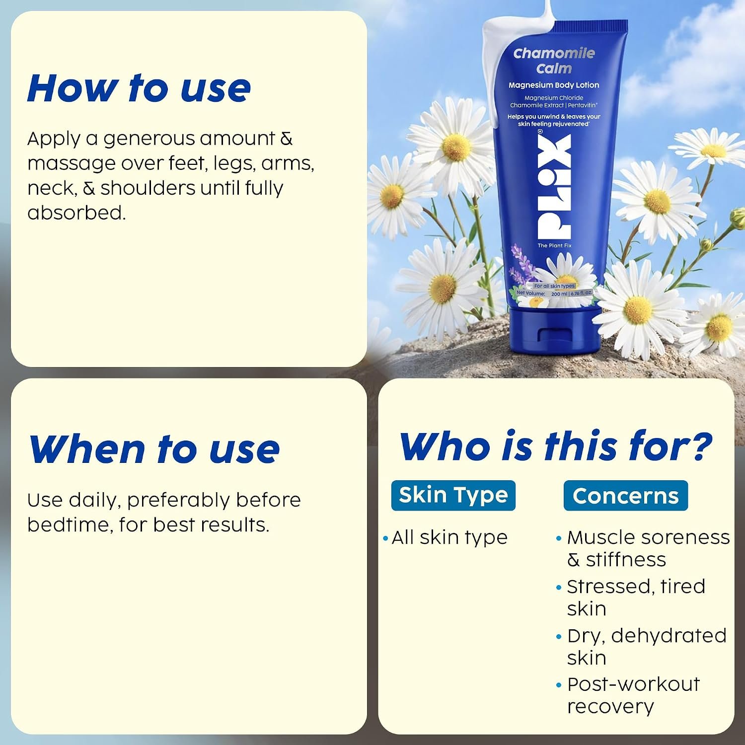 PLIX - THE PLANT FIX Chamomile Calm Magnesium Body Lotion | 10% Magnesium Chloride | Chamomile Extract | Lavender Oil | Helps Relax Tired Muscles | For Men & Women thumbnail
