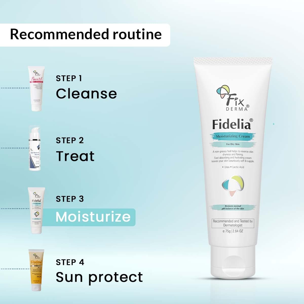 Fixderma Fidelia Moisturizing cream | Daily Moisturizer for Dry & chapped skin | Provides Hydration and Moisturization, Non-Comedogenic & Non-Greasy formulation - 75 gm thumbnail