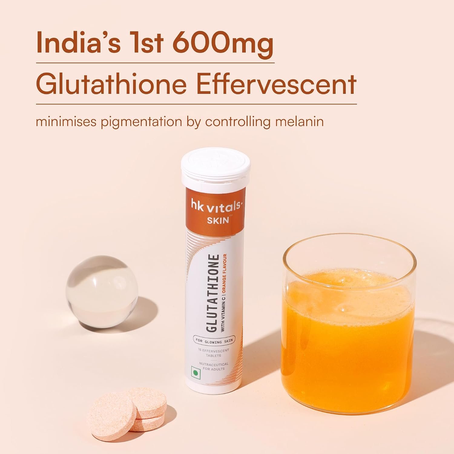 hk vitals Glutathione, Orange, 15 Effervescent Tablets L-Glutathione with Vitamin C & E | For Skin Glow & Hydration thumbnail