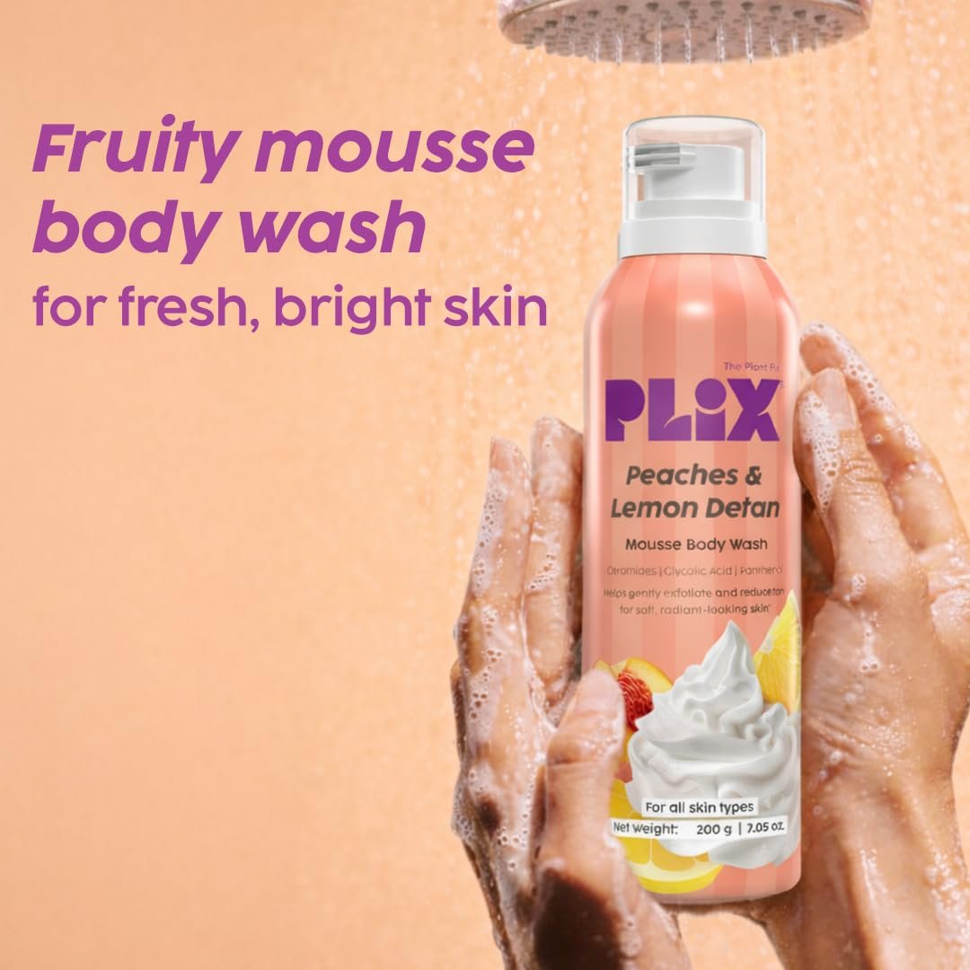 Plix Peaches & Lemon De-Tan Mousse Body Wash | Glycolic Acid & Ceramides | Hydrating Mousse Body Wash with Fruit Extracts | Smooth, Bright Skin thumbnail