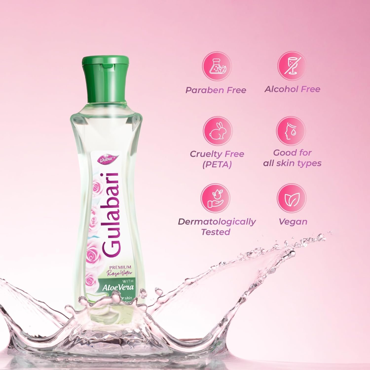 Dabur Gulabari Premium Rose Water with Aloe Vera - 400 ml | Upto 8 HR Skin Hydration | Cleanses, Tones and Moisturises Skin | For All Skin Types thumbnail