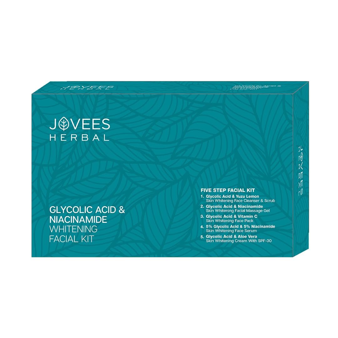Jovees Herbal Glycolic Acid & Niacinamide Whitening Facial Kit For Brighter & Hydrated Skin | Kit for Improves Uneven Skin Tone, Dark Spots & Dullness 215g (Multiple Use)