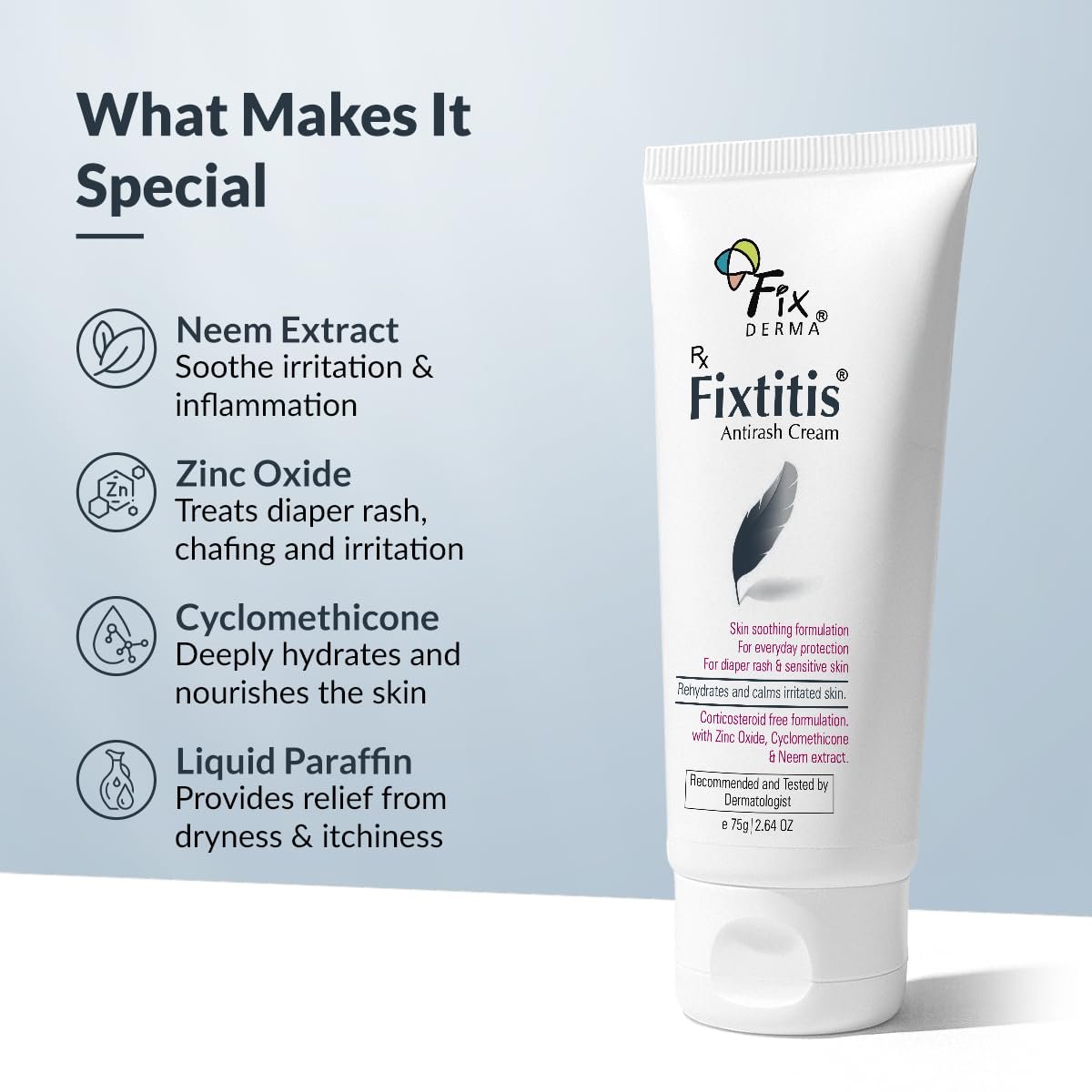 Fixderma 15% zinc oxide Fixtitis Anti Rash Cream | Diaper rash cream for baby | Softening the Rough SkinSoftening the Rough Skin, Soothing and Healing | Rash Cream for Sensitive Skin - 75 gm thumbnail