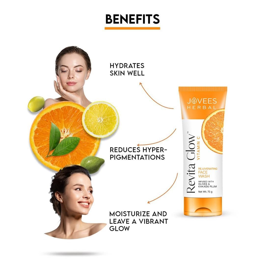 Jovees Herbal Revita Glow Vitamin C Face Wash For Glowing And Brightening Skin | Gentle Skin Hydrating & Rejuvenating Face Wash Cleanser with Kakadu Plum and Olives | For All Skin Types- 75g thumbnail