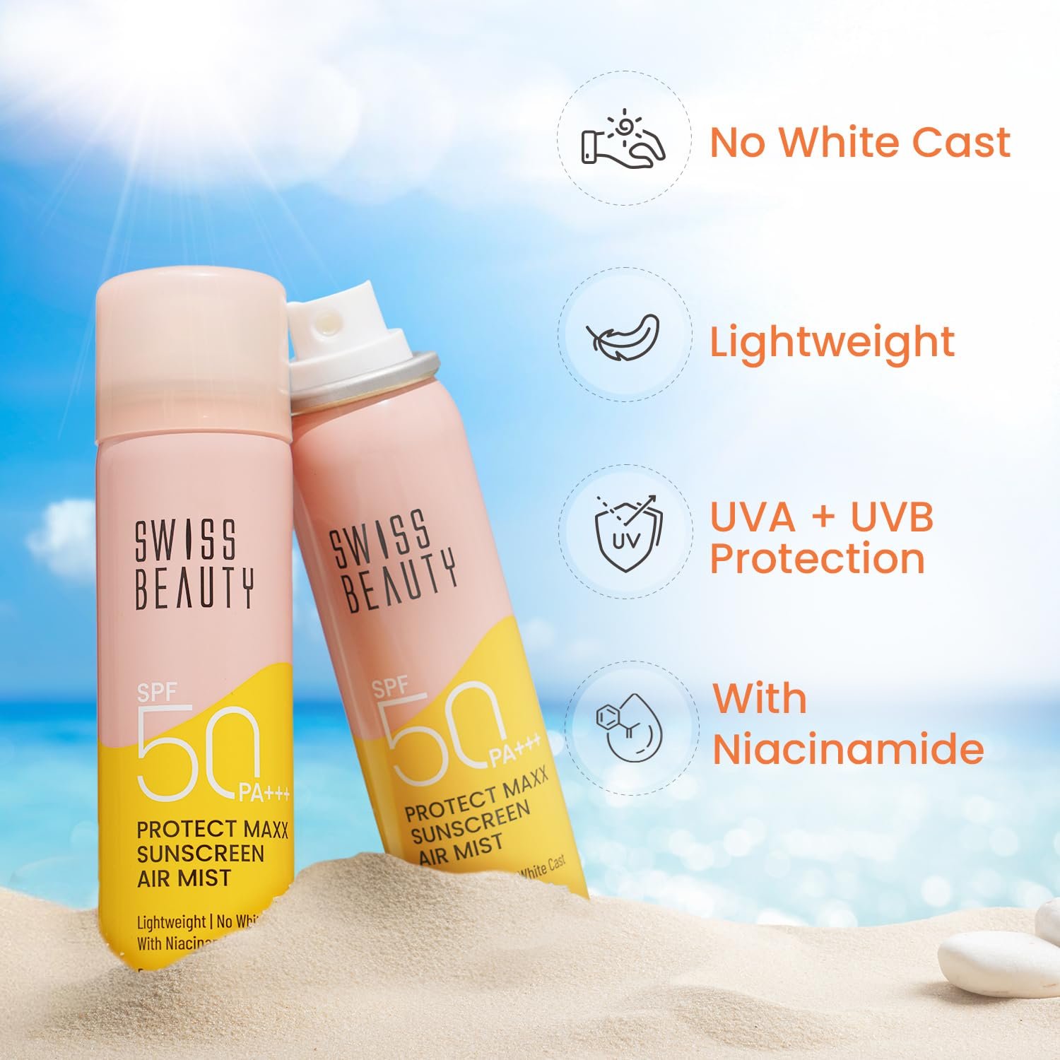 SWISS BEAUTY Protect Maxx Sunscreen Air Mist | SPF 50 PA+++ | With Niacinamide | UVA+UVB Protection For All Skin Type | Even Over Makeup | For Face & Body | 80ml thumbnail