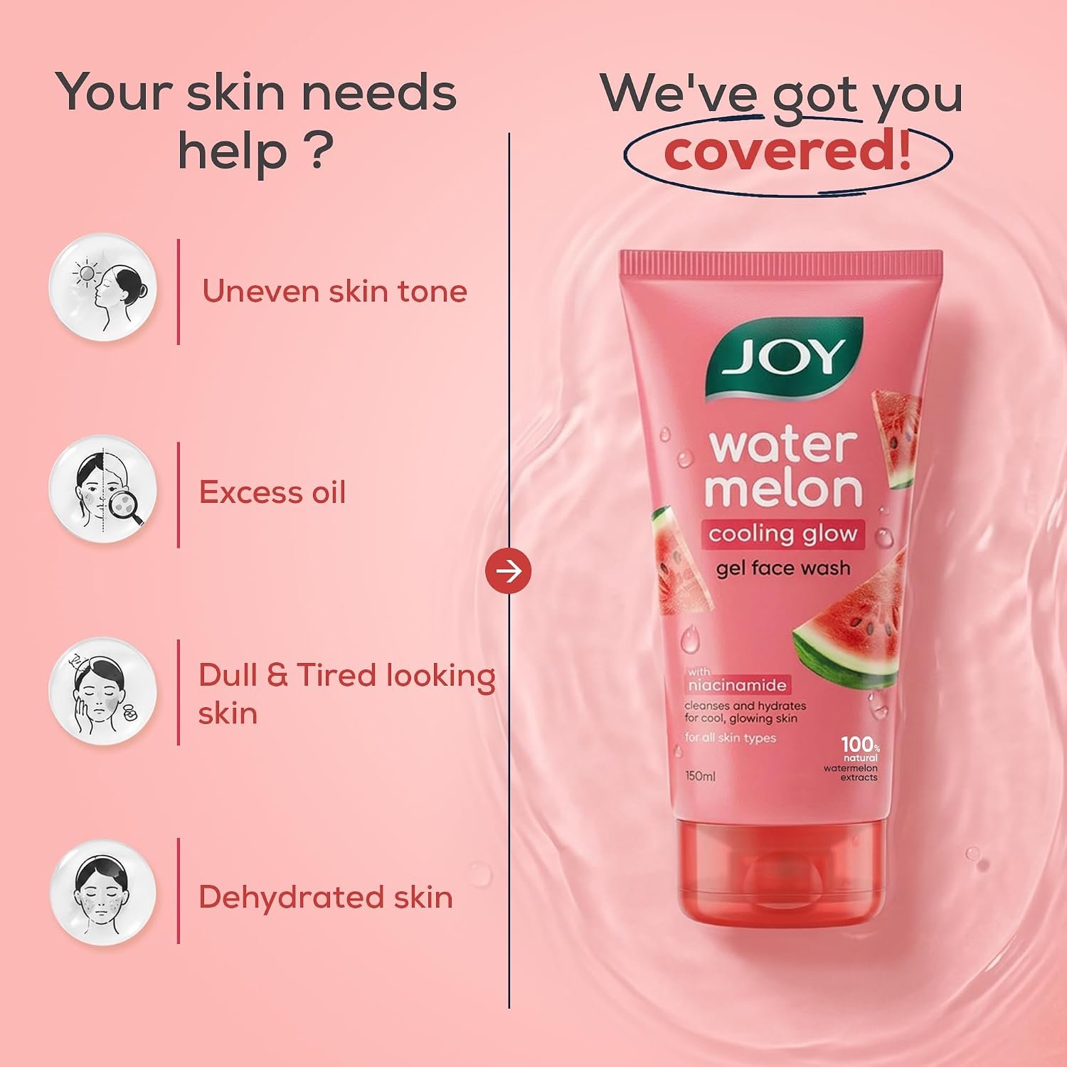 Joy Watermelon Cooling Glow Gel Face Wash with Niacinamide & Glycerine | Hydrating Daily Facial Cleanser for Glowing Skin | Removes Dirt, Oil & Impurities | For All Skin Types | 150ml thumbnail