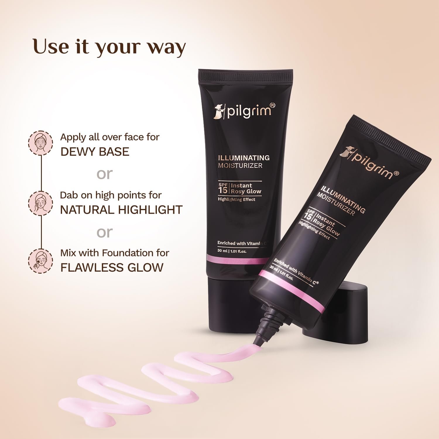 Pilgrim Illuminating Moisturizer Cream For Face | For Instant Rosy Glow & Spf 15 | Non-Greasy Highlighter With Pink Pearl Finish | Enriched With Australian Kakadu Plum | All Skin Types 30Ml thumbnail
