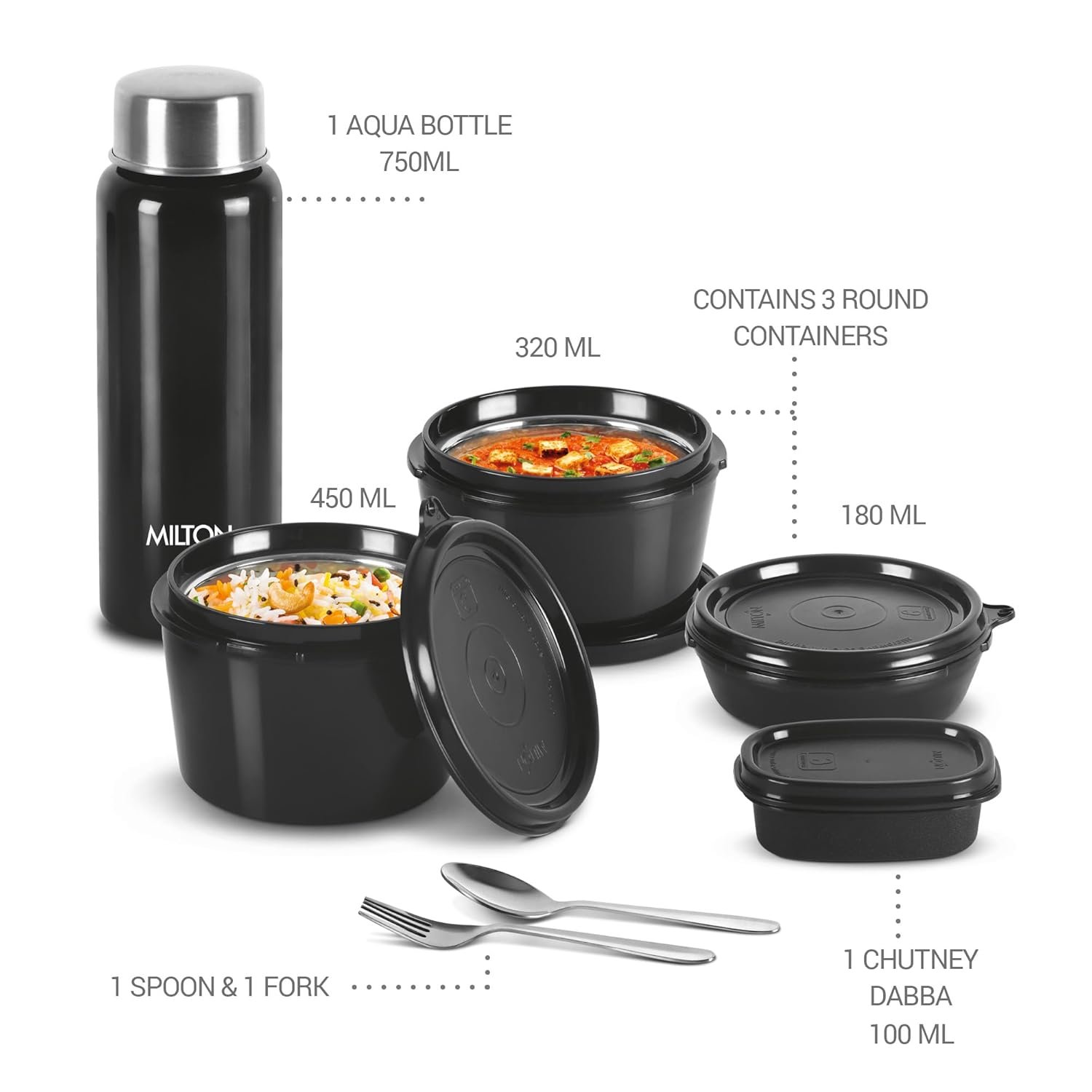 MILTON Pro Lunch Box with Steel Cutlery, 3 Microwave Safe Inner Steel Containers (180ml, 320ml, 450ml) Plastic Chutney Dabba 100ml, Bottle 750ml with Insulated Bag, Office Tiffin, Black thumbnail