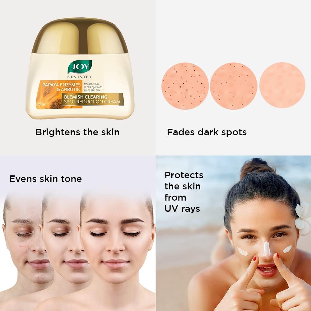 Joy Revivify Arbutin & Papaya Enzymes Blemish Clearing Spot Reduction Cream | Skin Brightening Cream| Soothing | Anti-ageing properties | Pollution defense – 50 ml thumbnail