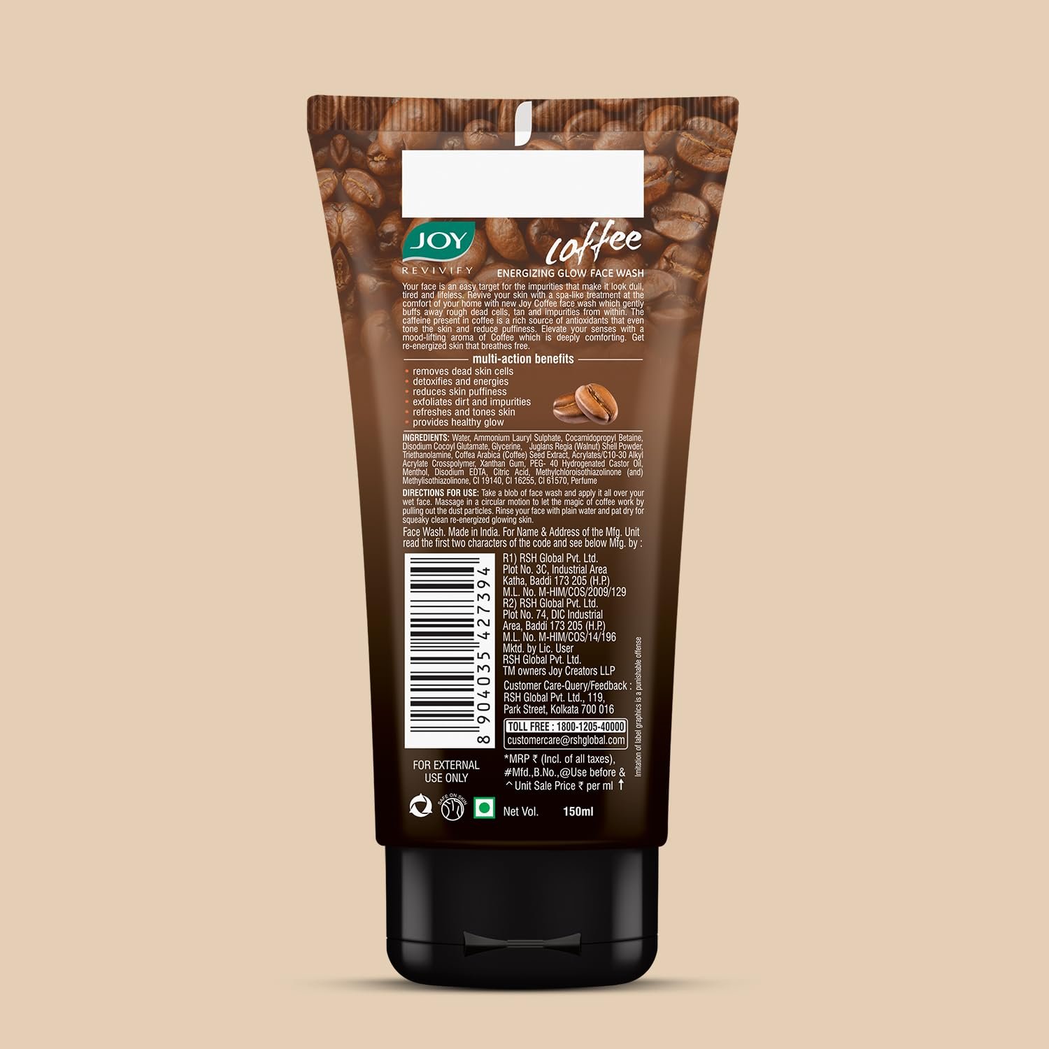 Joy Tan Removal Exfoliating Coffee Face Wash (150ml) | Energizes Dull Skin & Reduces Puffiness | Deep Cleansing Exfoliating Face Wash for All Skin Types, Men & Women thumbnail