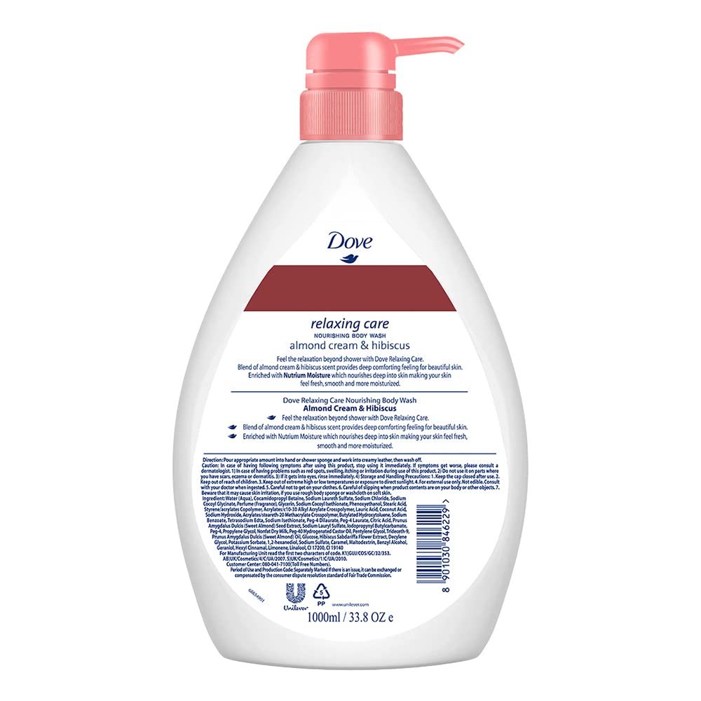Dove Relaxing Almond Cream & Hibiscus Body Wash – 1L | Nourishing Cleansing for Soft, Smooth & Replenished Skin with a Sweet, Soothing Scent thumbnail