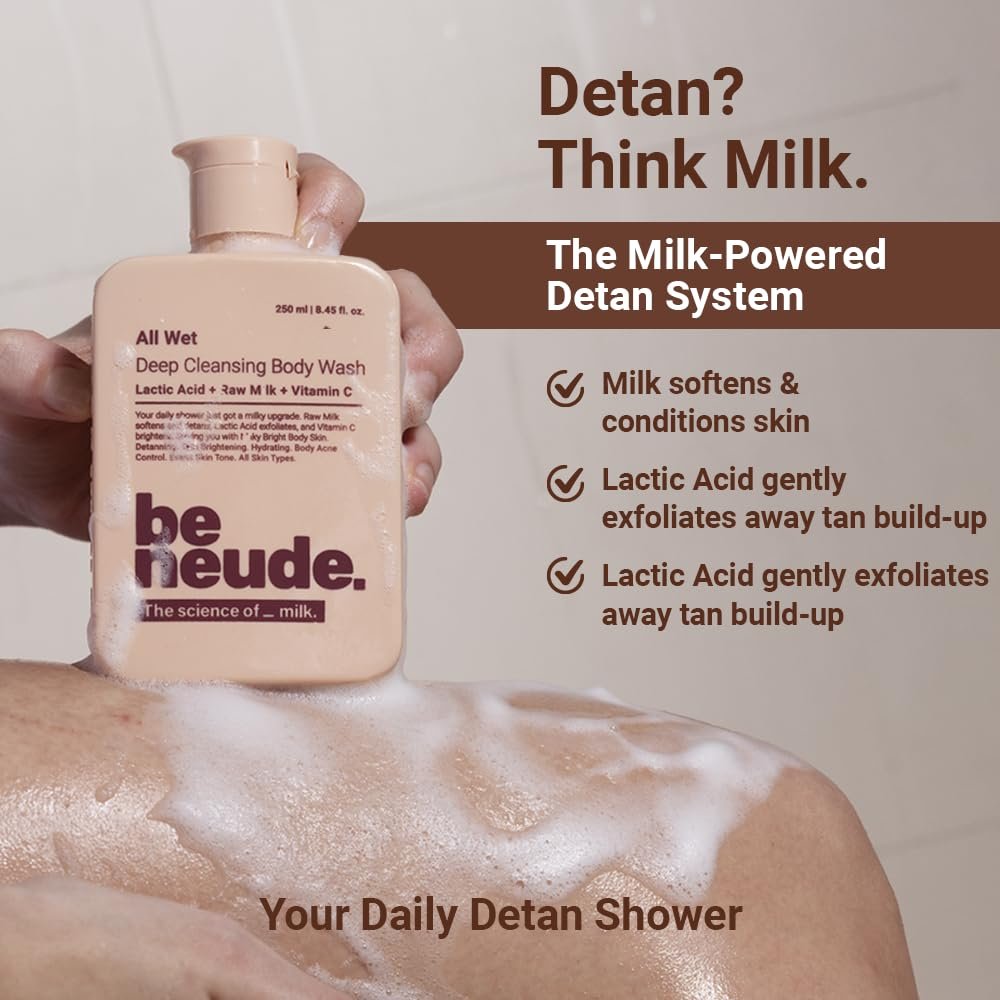 Be Neude All Wet 250ml De-Tan Body Wash with Milk, Lactic Acid, Vitamin C for Skin Brightening, Dark Spot & Pigmentation Reduction; Deep Cleansing Shower Gel Prevents Dryness & Body Acne | thumbnail