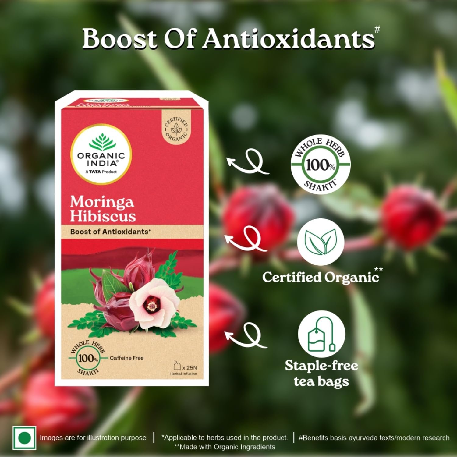 A TATA Product - Organic India Moringa Hibiscus Infusion, 25 Tea Bags, Certified Organic, Antioxidant-Rich, Caffeine-Free, Whole Herb Blend thumbnail