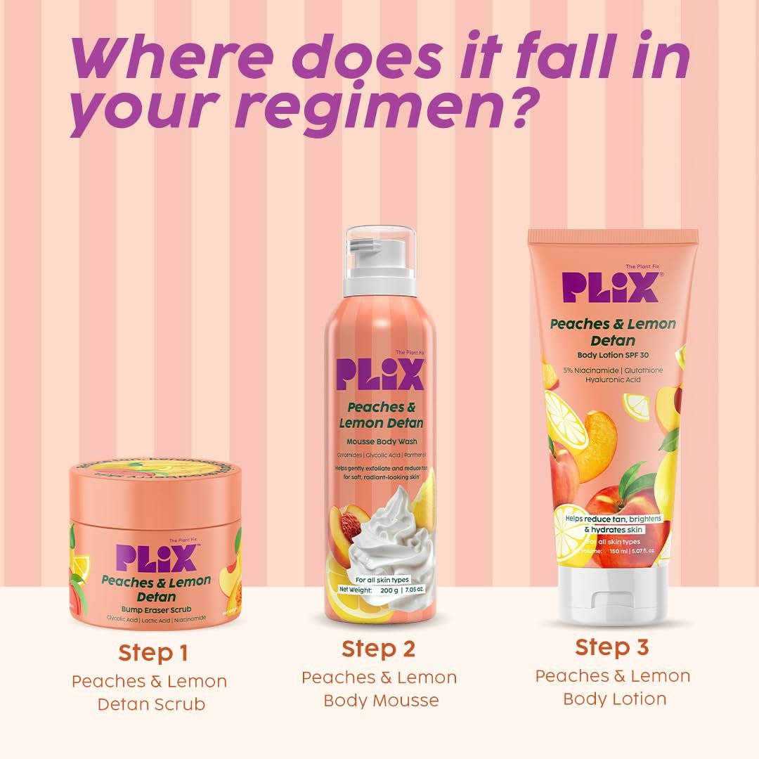 Plix Peaches & Lemon De-Tan Mousse Body Wash | Glycolic Acid & Ceramides | Hydrating Mousse Body Wash with Fruit Extracts | Smooth, Bright Skin thumbnail