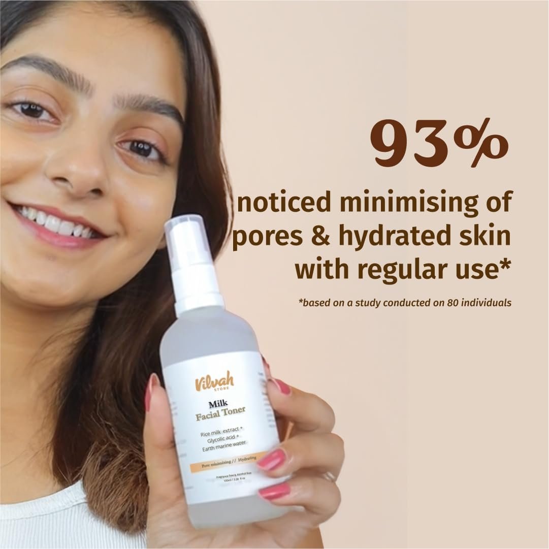 Vilvah Milk Face Toner | Pore Minimizing & Hydrating Toner for Smooth Skin Texture | With Rice Milk, Marine Water & Glycolic Acid | Balances Skin pH, Refines Pores & Boosts Hydration | 100ml thumbnail