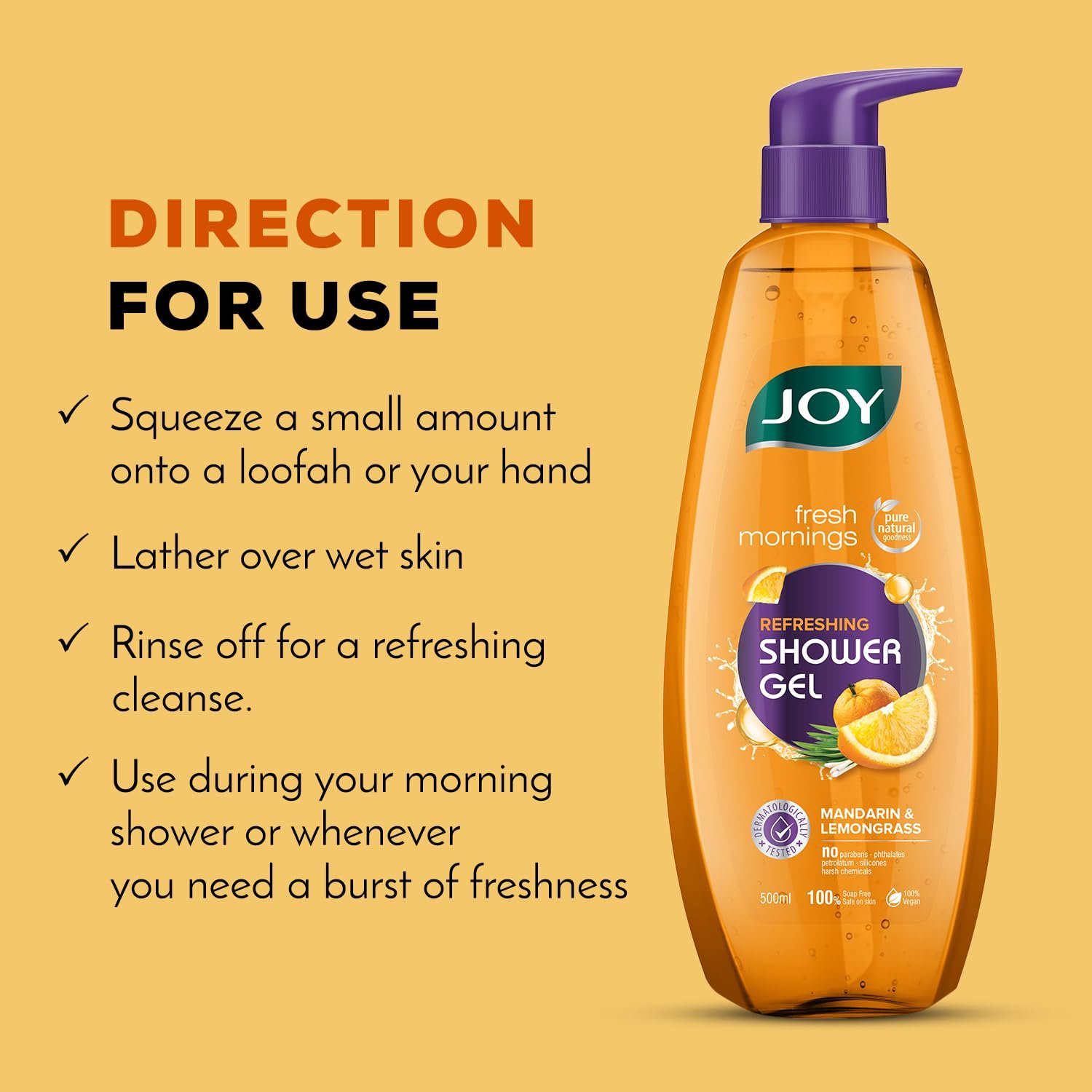 Joy Mandarin & Lemongrass Shower Gel Body Wash (500 ml) | With Vitamin C for Acne Control & Lemongrass for Fighting Body Odour |100% Vegan Shower Gel For All Skin Types | Paraben Free thumbnail