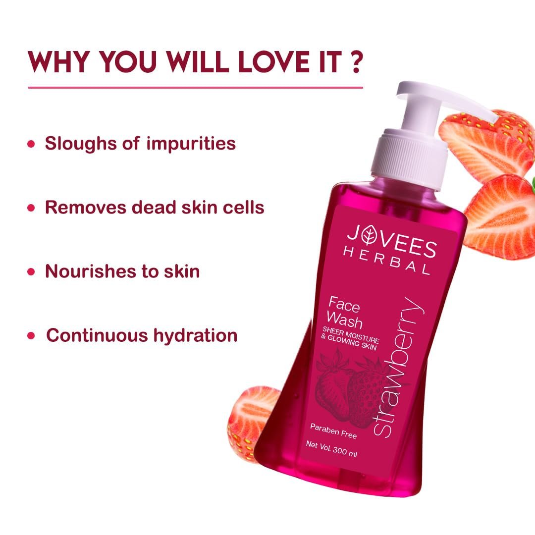 Jovees Herbal Strawberry Face Wash For Hydrating & Glowing Skin with Strawberry Ext. | Gentle Cleanser For Brightens Skin, Removes Pigmentation | For Normal to Dry Skin Types - 300ml thumbnail
