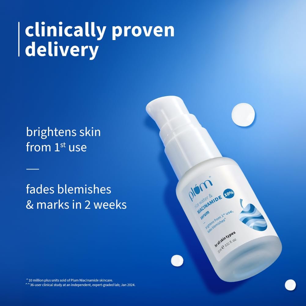 Plum 10% Niacinamide Serum with Rice Water | Provides Clear, Glowing & Brightening Skin | for Acne Prone, Combination, Oily & Sensitive Skin | Oil Control & Anti Acne Face Serum for Women & thumbnail